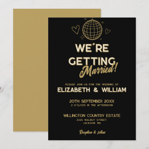 Invitación Boda Retro Disco Groovy Negro Y Dorado