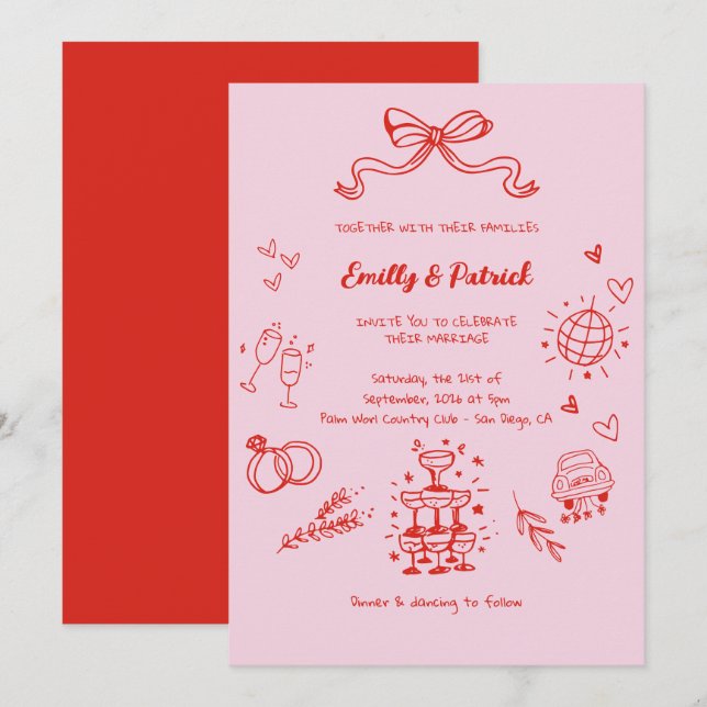 Invitación Boda Retro Doodle Rojo Y Rosa (Anverso / Reverso)