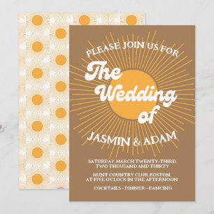 Invitación Boda Retro Dorado Explosión de Sol Mediados de Sig