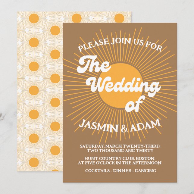 Invitación Boda Retro Dorado Explosión de Sol Mediados de Sig (Anverso / Reverso)