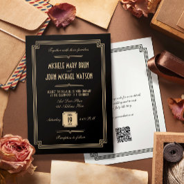 Invitación Boda Retro Elegante Art Negro Deco QR RSVP