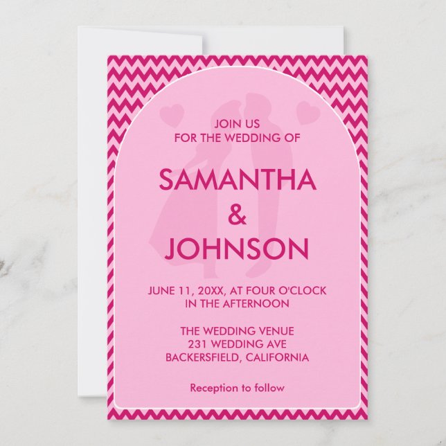 Invitación Boda Retro Elegante Rosa Chevron (Anverso)