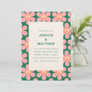 Invitación Boda Retro Flor Paz Rosa Verde Groovy