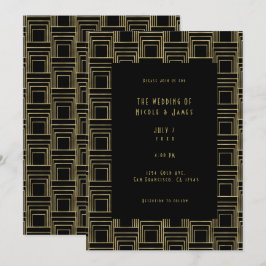 Invitación Boda Retro Geométrica Art Déco Negra Dorada y Eleg