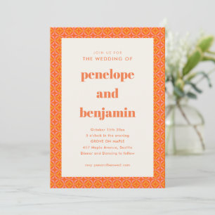 Invitación Boda Retro Geométrica Audaz Naranja Rosa Moderno