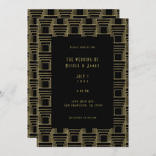 Invitación Boda retro geométrico negro dorado 
