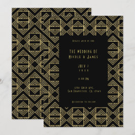 Invitación Boda Retro Glam Art Déco Dorado y Negro en Negrita