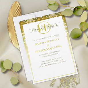 Invitación Boda Retro Gold Green Damask