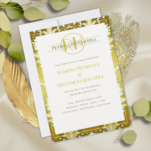 Invitación Boda Retro Gold Green Damask