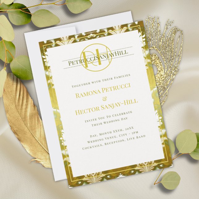 Invitación Boda Retro Gold Green Damask (Subido por el creador)