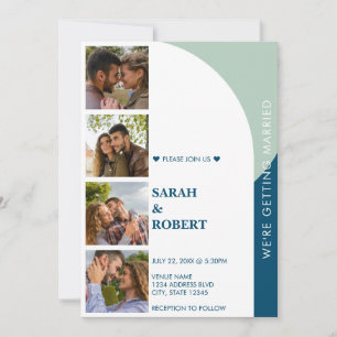 Invitación Boda Retro Green Blue White Photo Booth Collage