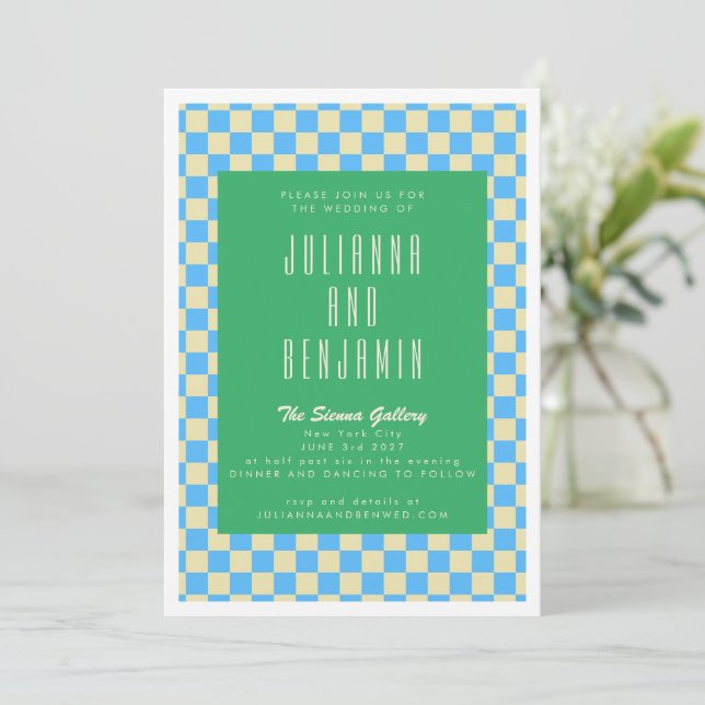 Invitación Boda Retro Green y Blue Checkerboard (Anverso de pie)