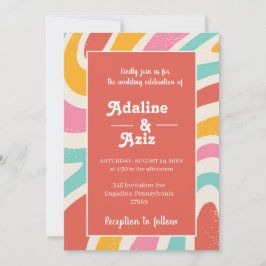 Invitación Boda Retro Groovy 70s Ondulada Colorida