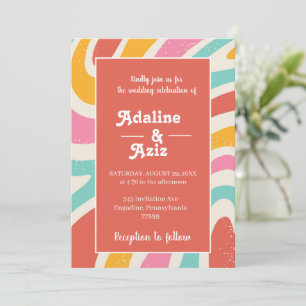 Invitación Boda Retro Groovy 70s Ondulada Colorida