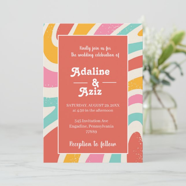 Invitación Boda Retro Groovy 70s Ondulada Colorida (Anverso de pie)