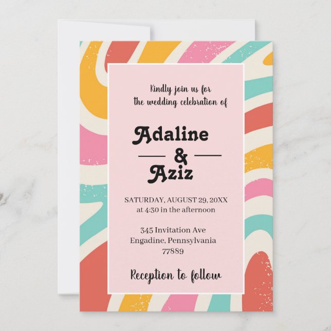 Invitación Boda Retro Groovy 70s Ondulada Colorida (Anverso)