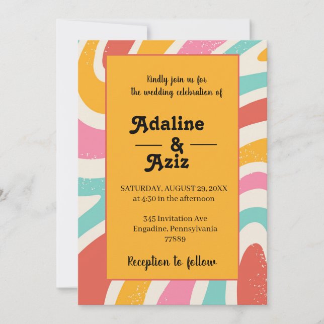 Invitación Boda Retro Groovy 70s Ondulada Colorida (Anverso)