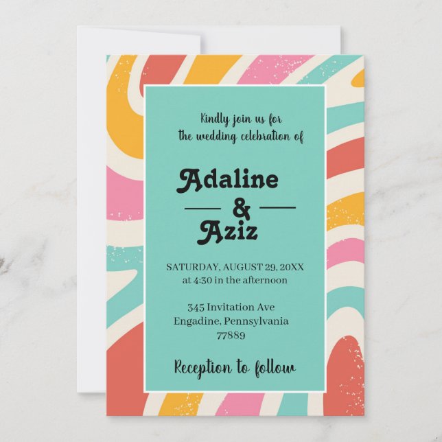 Invitación Boda Retro Groovy 70s Ondulada Colorida (Anverso)
