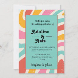 Invitación Boda Retro Groovy 70s Ondulada Colorida