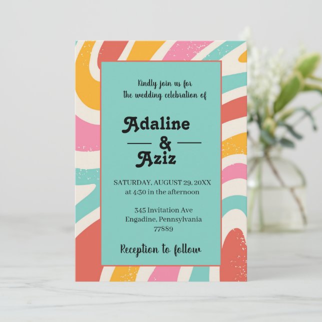 Invitación Boda Retro Groovy 70s Ondulada Colorida (Anverso de pie)