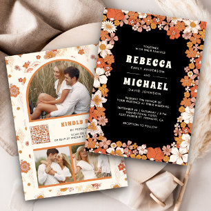 Invitación Boda Retro Groovy de Flor Silvestre Naranja Negra
