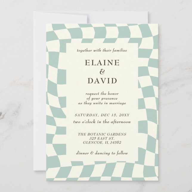 Invitación Boda Retro Groovy Green Checkerboard (Anverso)