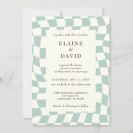 Invitación Boda Retro Groovy Green Checkerboard
