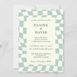 Invitación Boda Retro Groovy Green Checkerboard