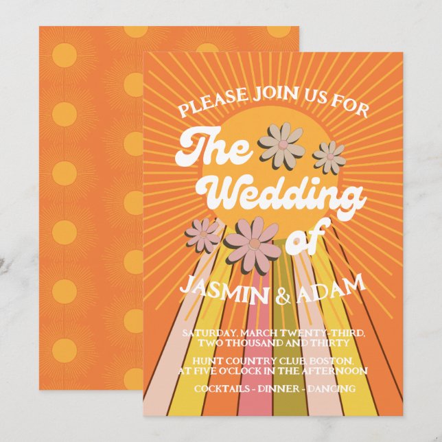 Invitación Boda Retro Groovy Naranja Daisy (Anverso / Reverso)