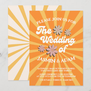 Invitación Boda Retro Groovy Naranja Girasol Explosión de Mar