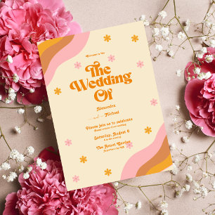 Invitación Boda Retro Groovy Onda Rosa y Dorada