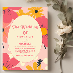 Invitación Boda Retro Groovy Rosa y Dorada