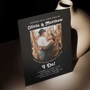 Invitación Boda retro groovy simple foto de arco negro