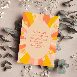Invitación Boda retro groovy tema años 70 naranja amarillo