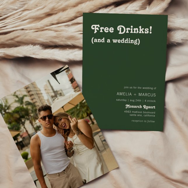 Invitación Boda Retro Moderna Chic Bebidas Gratis Verde Oscur (Subido por el creador)
