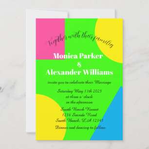 Invitación Boda retro moderno azul rosa amarillo verde neón