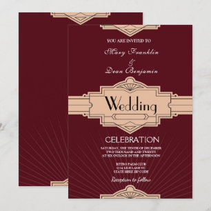 Invitación Boda Retro Moderno Burgundy Rusty Art Deco