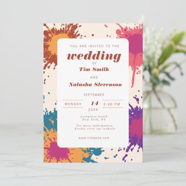 Invitación Boda retro multicolor cae modo de grafitti fresco (Anverso de pie)