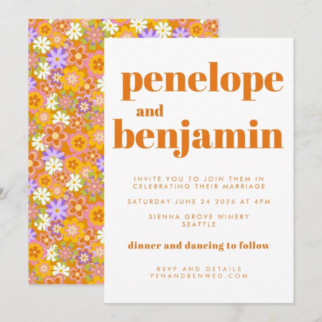 Invitación Boda Retro Naranja Flores Todo En Uno (Anverso / Reverso)