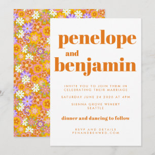Invitación Boda Retro Naranja Flores Todo En Uno
