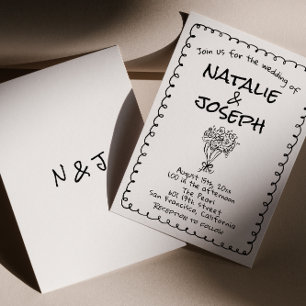 Invitación Boda Retro Negra Blanca Dibujada a Mano Divertida