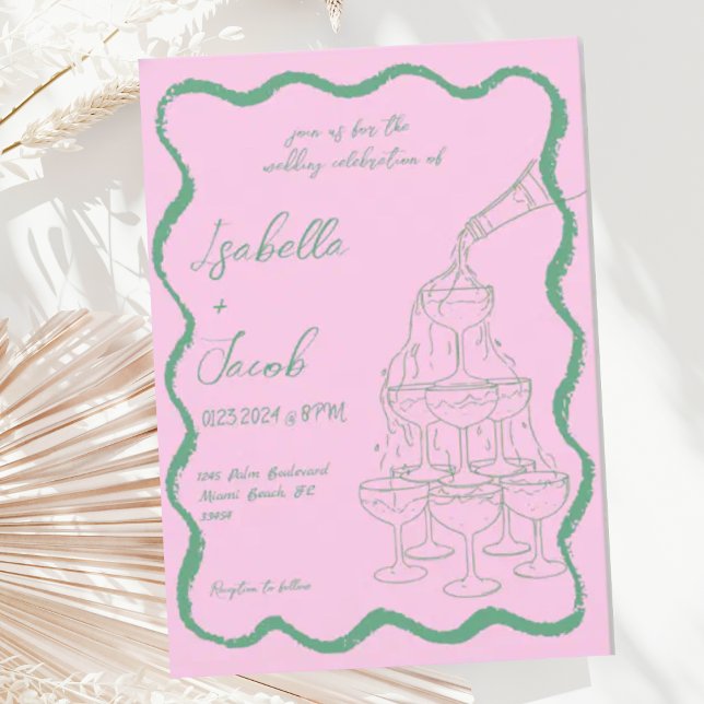 Invitación Boda retro ondulado de la torre de champán verde r (Subido por el creador)