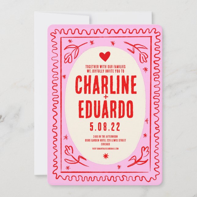 Invitación Boda retro ondulado de mano roja rosada (Anverso)