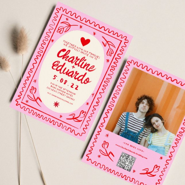 Invitación Boda retro ondulado de mano roja rosada (Subido por el creador)