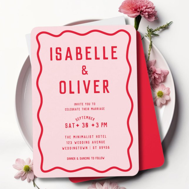 Invitación Boda retro ondulado rosado rojo aguafiestas ondula (Subido por el creador)