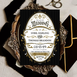 Invitación Boda Retro Ornata de Oro Antiguo Negro y Blanco