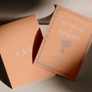 Invitación Boda Retro Peach Azul Dibujada a Mano Divertida y