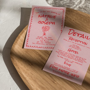 Invitación Boda Retro Rosa Rojo Dibujado a Mano Todo en Uno