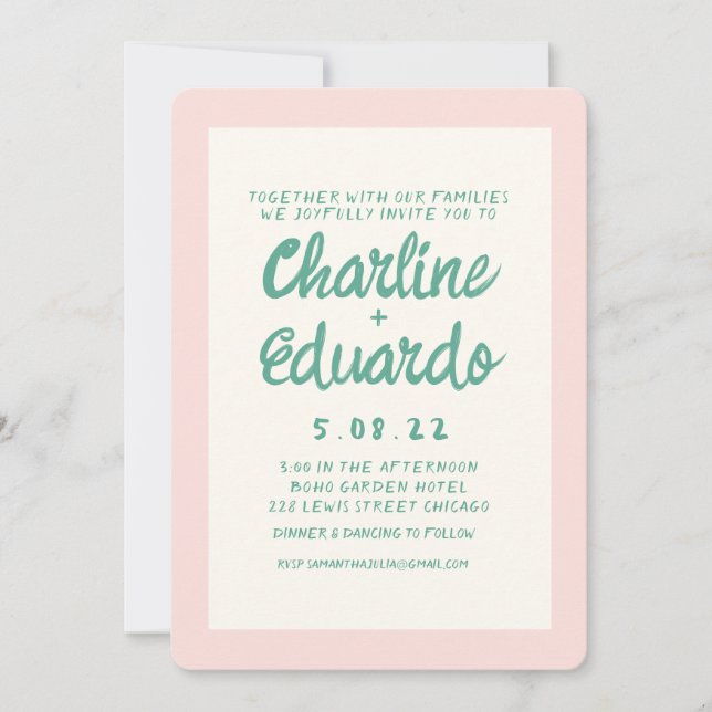 Invitación Boda retro rosado y verde de escritura a mano (Anverso)