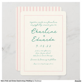 Invitación Boda retro rosado y verde de escritura a mano